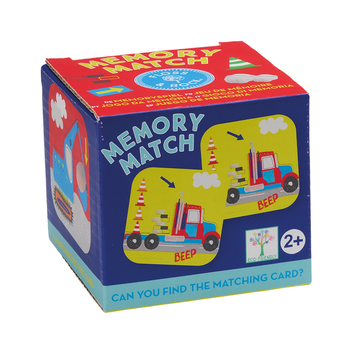 Memory match game box with colorful design on a white background