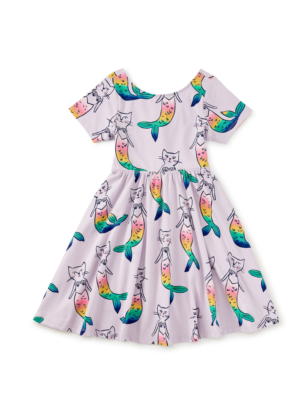 short sleeve dress in lavender with cats dressed as mermaids. 