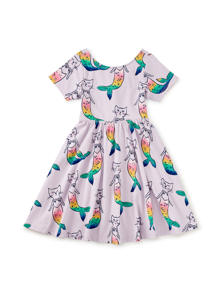 short sleeve dress in lavender with cats dressed as mermaids. 