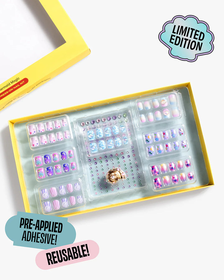 Press on nail kit with a teal and lavender color scheme like mermaids