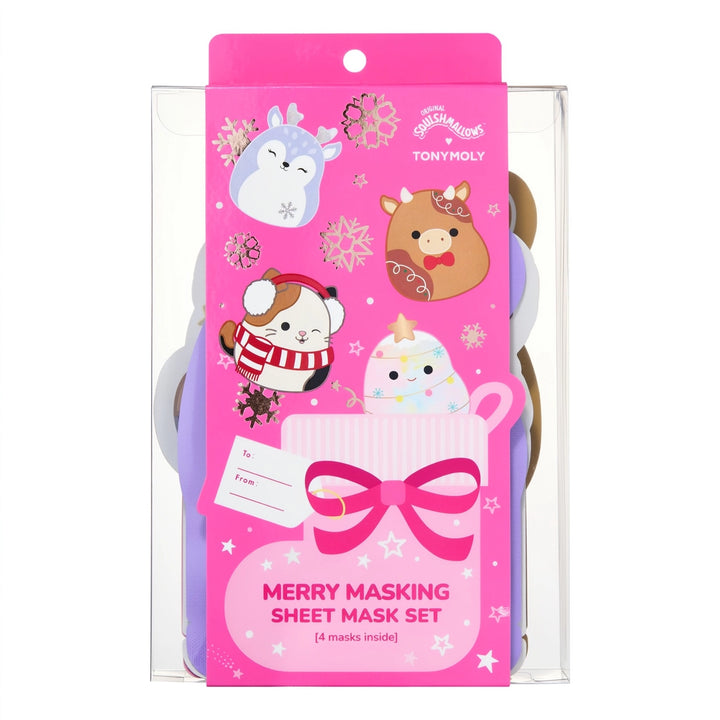 A packaged sheet mask set from TonyMOly, featuring cute winter cartoon characters and a pink gift box design on the front. The clear plastic packaging shows several round masks inside, including a blue one, a brown one, and a white one with a yellow horn.