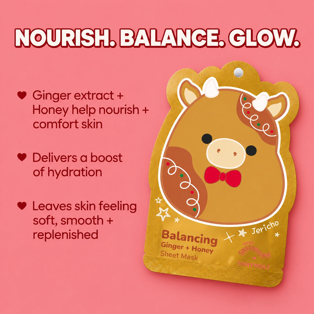 A gold sheet mask packet featuring a cute cow illustration with a red bow tie, labeled 'Balancing Ginger + Honey Sheet Mask' by Tonberry, on a pink background with promotional text.