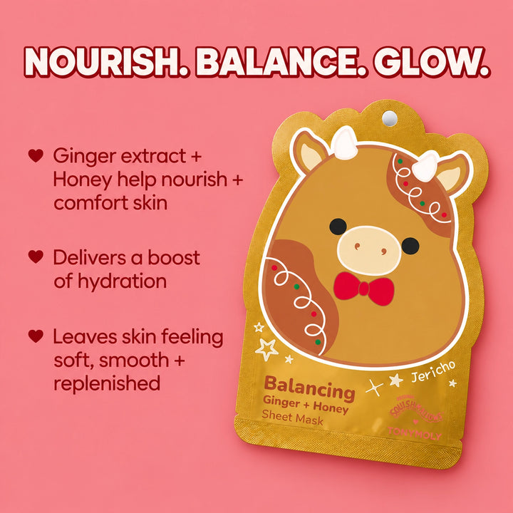 A gold sheet mask packet featuring a cute cow illustration with a red bow tie, labeled 'Balancing Ginger + Honey Sheet Mask' by Tonberry, on a pink background with promotional text.