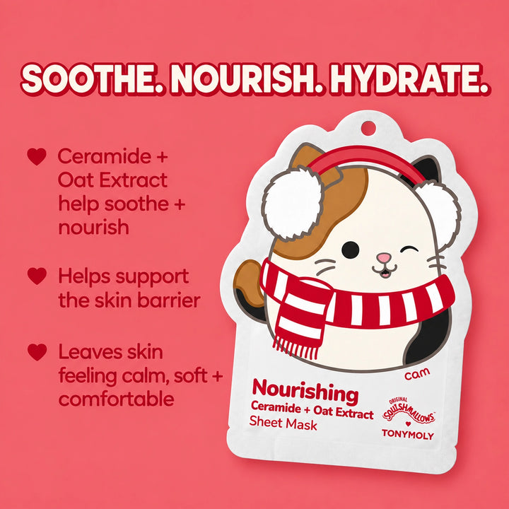 A TONYHOLY Nourishing Sheet Mask pack featuring a cute cartoon cat wearing a red and white striped scarf and winter hat, presented on a solid red background with promotional text.