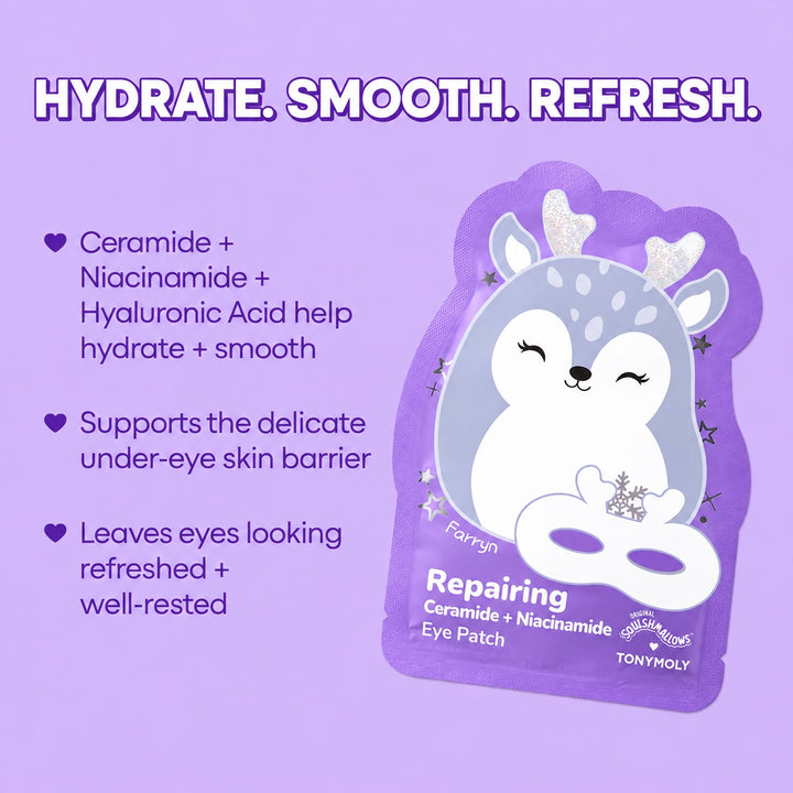 A purple eye patch packet for TonyMoly Repairing Ceramide + Niacinamide Eye Patch, featuring a cute white deer illustration on a lavender background with marketing text on a matching purple backdrop.