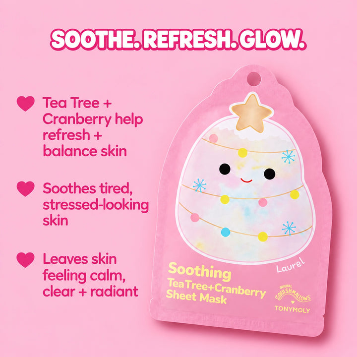 Pink promotional graphic for a Tony Poly Soothing Tea Tree + Cranberry Sheet Mask. The mask packaging is shown on the right with a cute Christmas tree illustration, and text on the left explains the tea tree and cranberry benefits against a solid pink background.