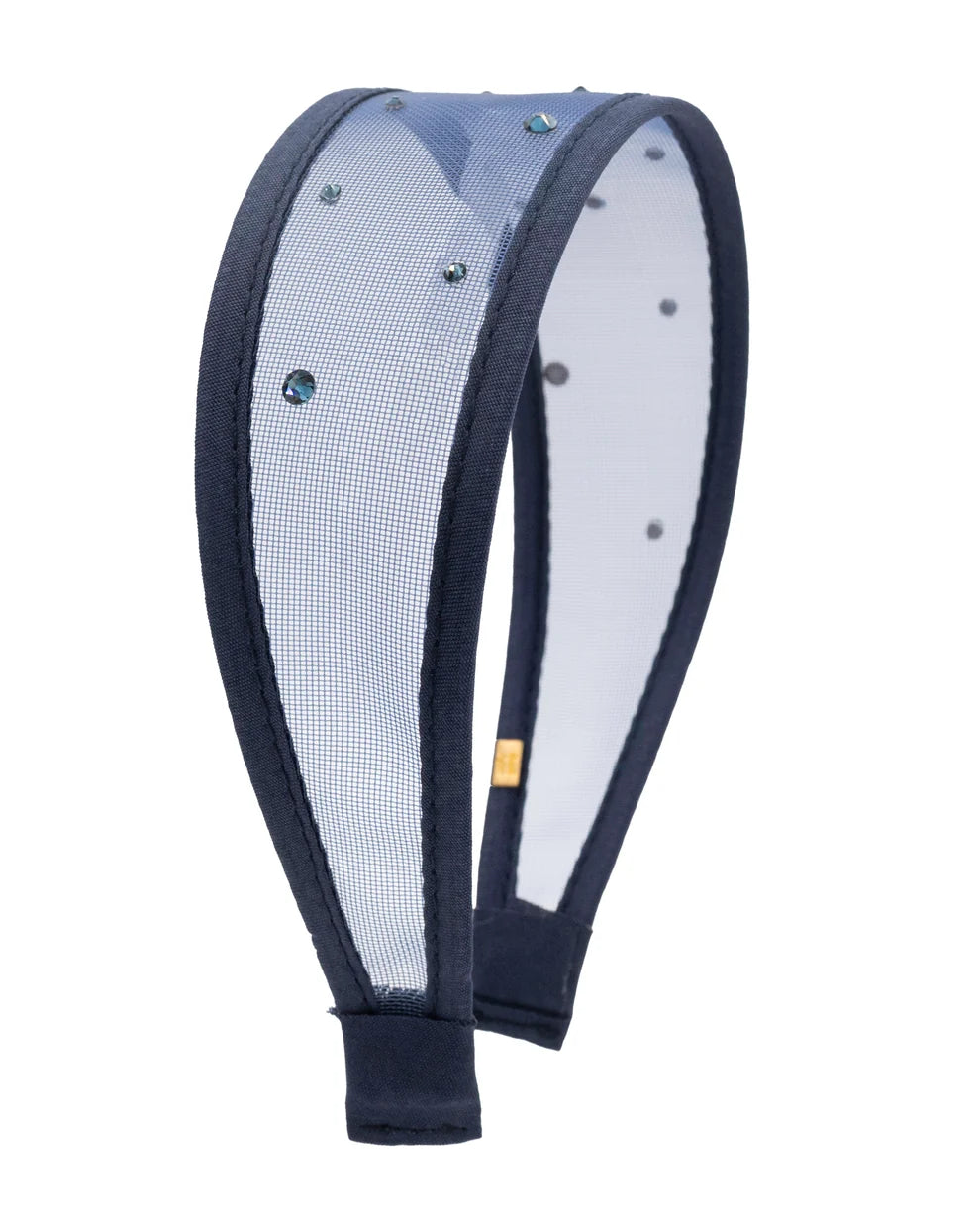 A navy blue mesh headband with dark navy trim and small rhinestone embellishments, shown on a plain white background.