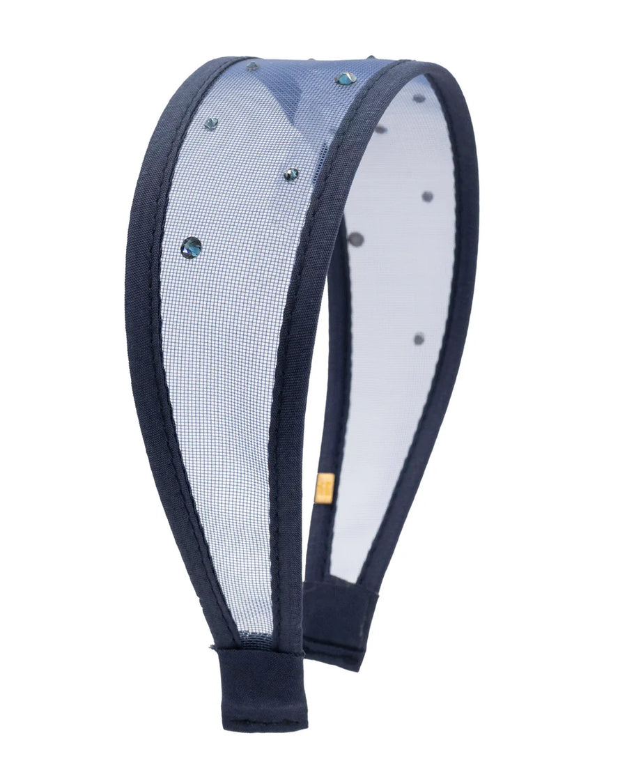 A navy blue mesh headband with dark navy trim and small rhinestone embellishments, shown on a plain white background.