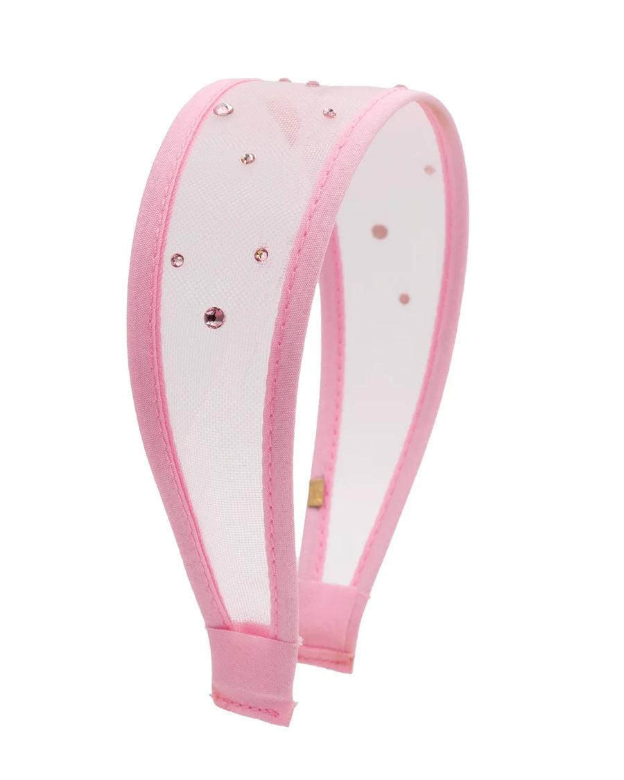 A light pink headband featuring a sheer mesh center panel decorated with small rose gold rhinestones, set against a plain white background.