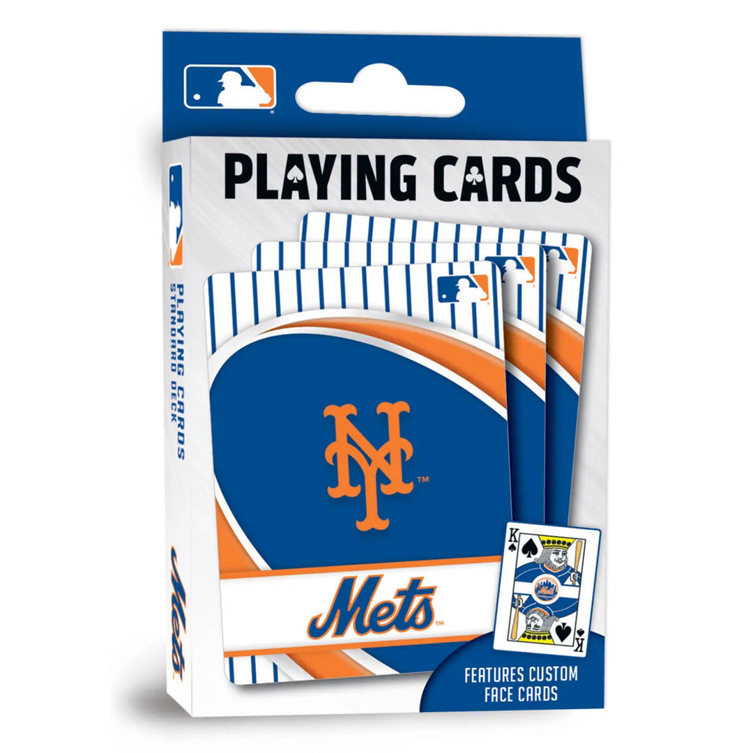 MLB New York Mets playing cards in a retail box package, featuring blue, white, and orange team colors with the Mets logo and a small sample playing card visible.