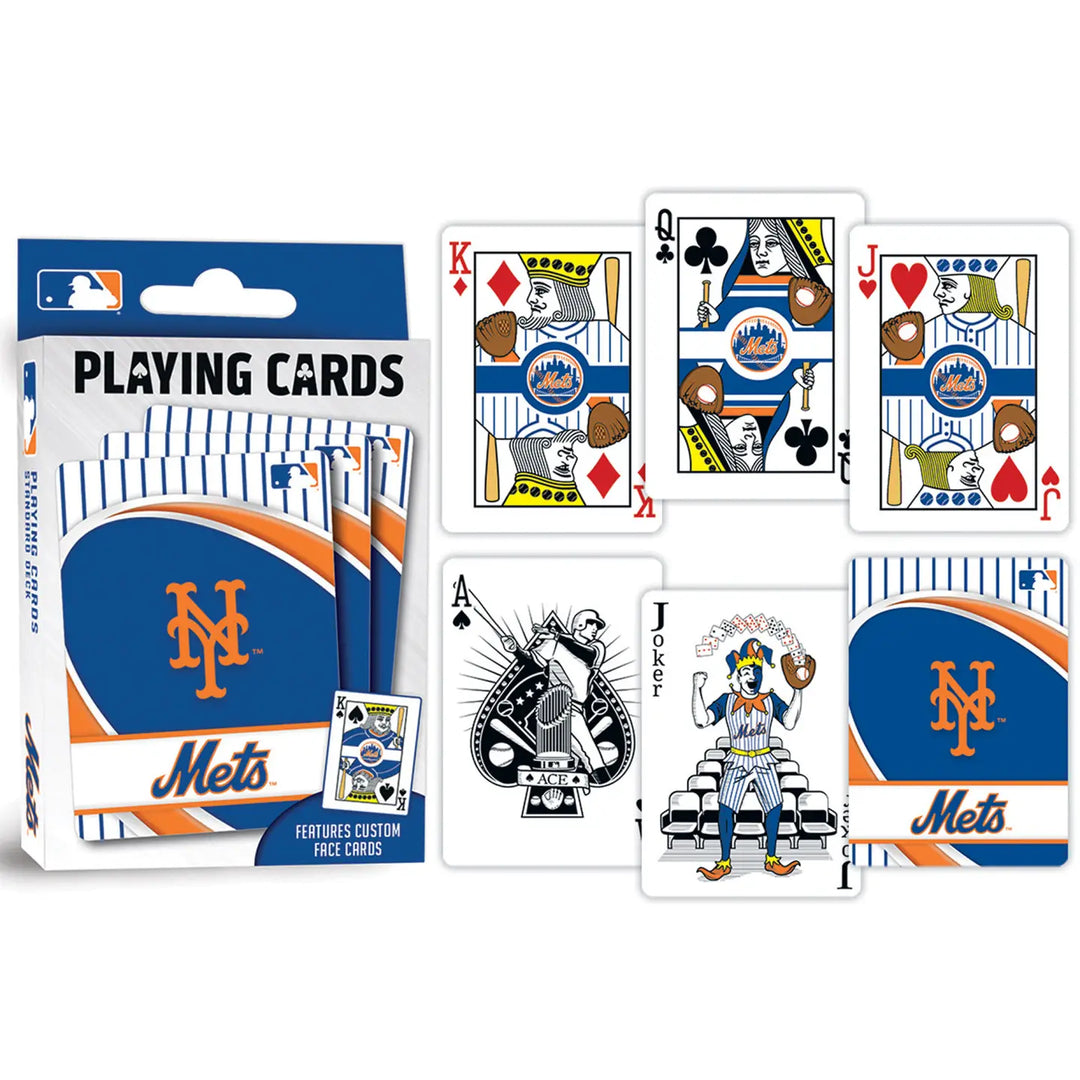 Mets brand custom playing cards set with a blue, white, and orange retail box and several sample cards displayed on a white background.