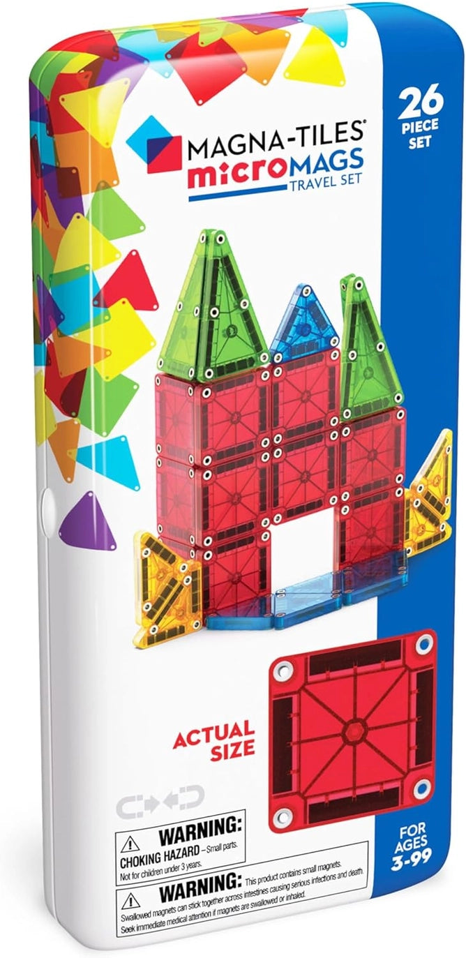 Magna-Tiles micromags travel set packaging with colorful magnetic tiles.
