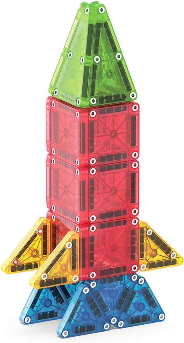 Magnetic building block toy shaped like a rocket on a white background