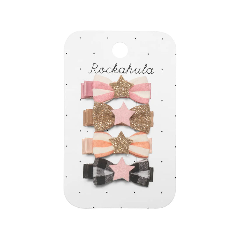 4 mini bow clips , one pink and white stripe, gold glitter, orange and white stripe, and black and white gingham