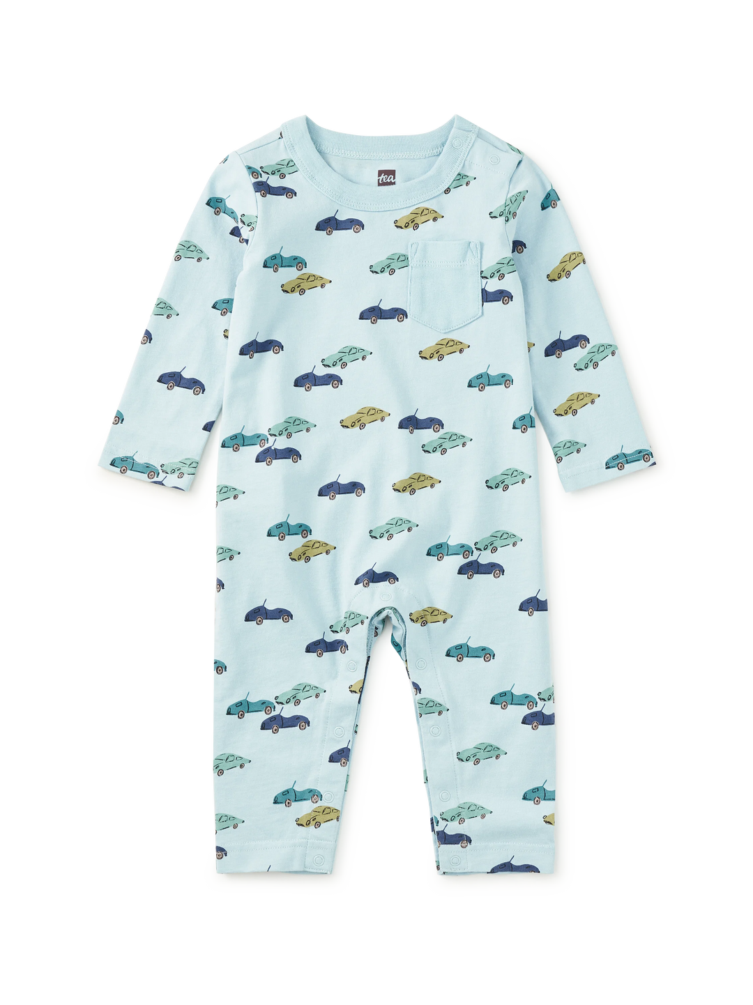 A baby long-sleeve footless romper in light blue, featuring an all-over pattern of small cars in navy, teal, and olive green, with a chest pocket.