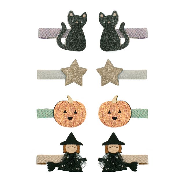 Set of Halloween-themed hair clips including black cats, pumpkins, and witches on a white background.