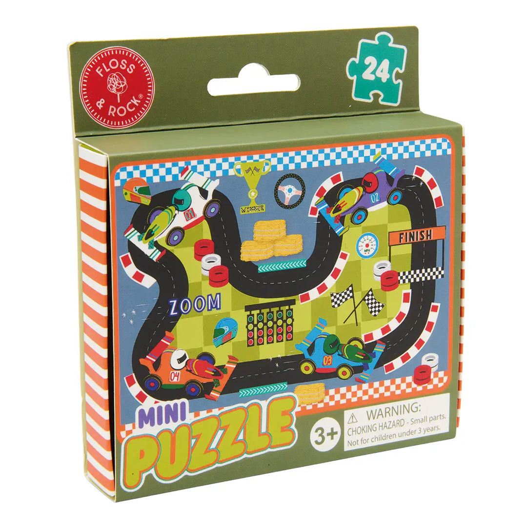 Floss & Rock mini puzzle packaging with a race track design on a white background