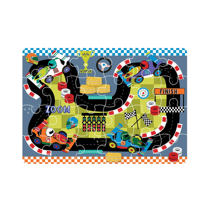 jigsaw puzzle with cars and race track on it. 