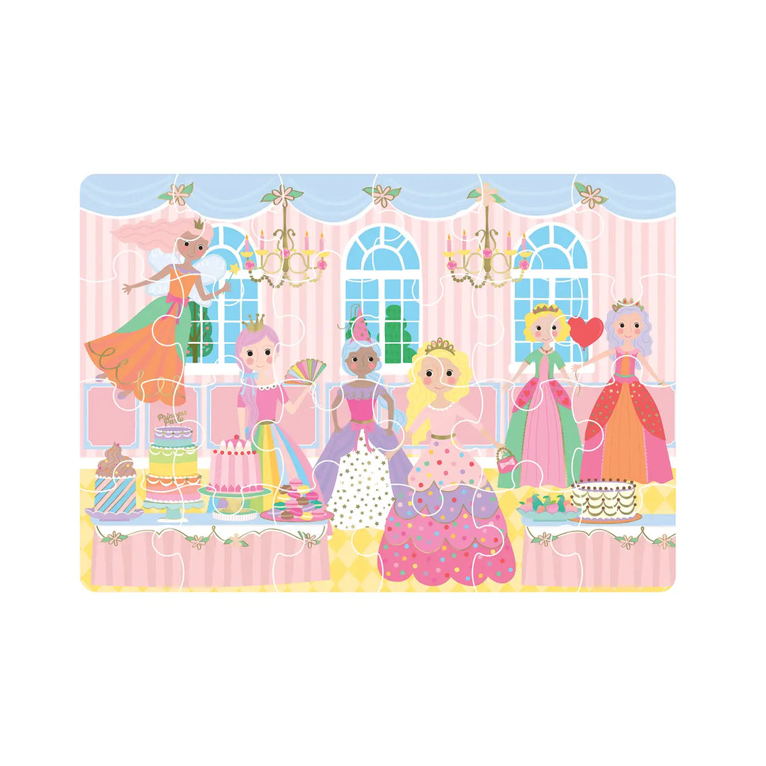 Illustration of fairy tale characters in a colorful room with pink walls and chandeliers.