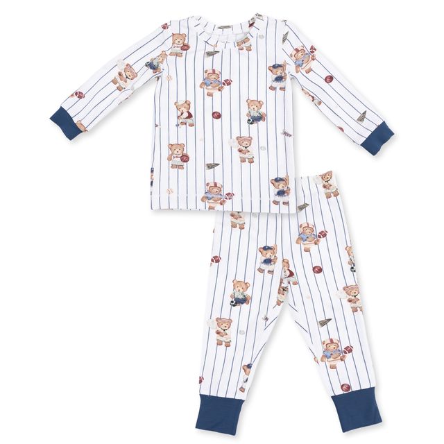 2 piece loungewear set, what background with navy pinstripes and teddy bears playing sports as the all over print. 