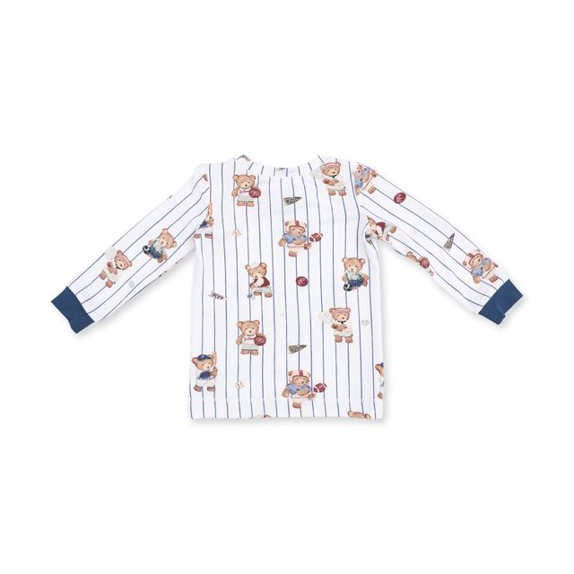 close up on the top to the 2 piece loungewear set with teddy bears playing sports all over