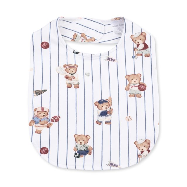 teddy bears playing all different sports on a bib. bib snaps in the back. white with a navy pinstripe. 