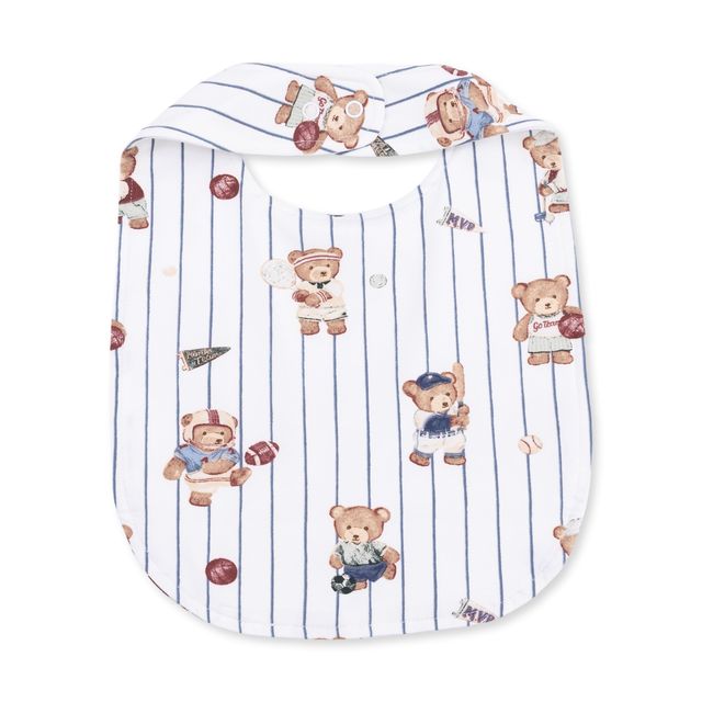 back of the baby bib with teddy bears playing sports. white with a navy pinstripe. 