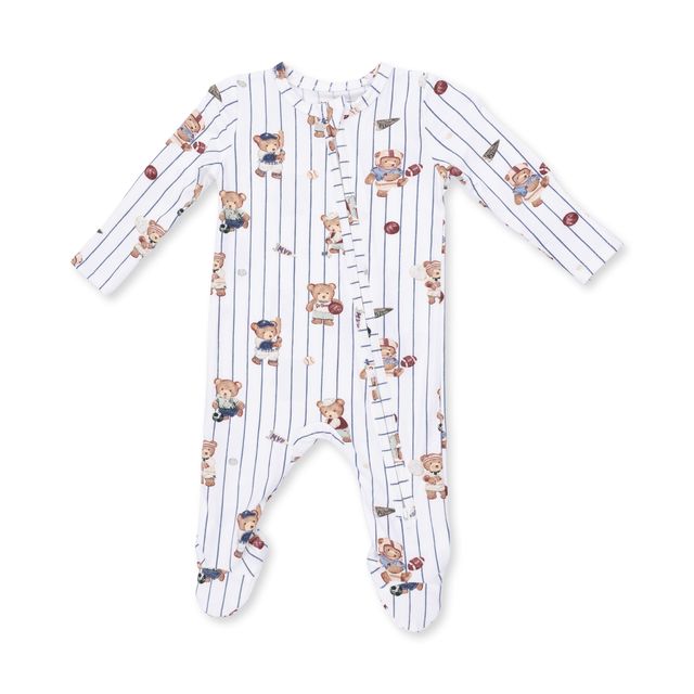 baby footie with wo way zipper with teddy bears playing sports. white with navy pinstripe running through it. 