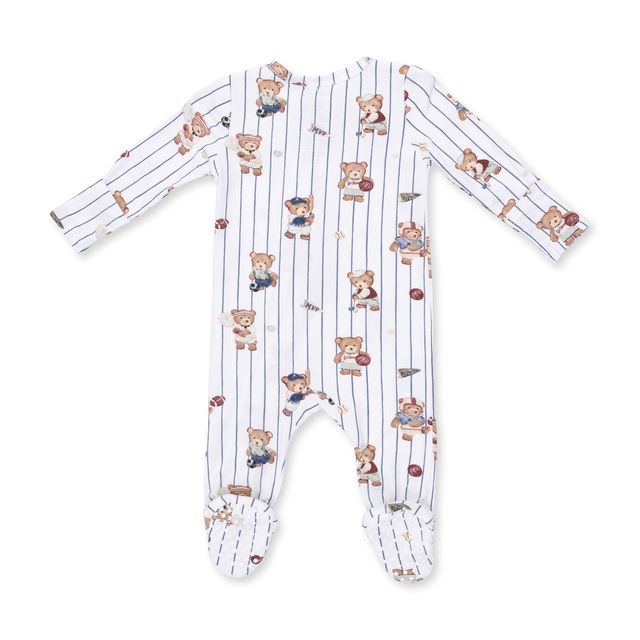 back of baby footie with bears playing sports. white with navy pinstripe running through it. 