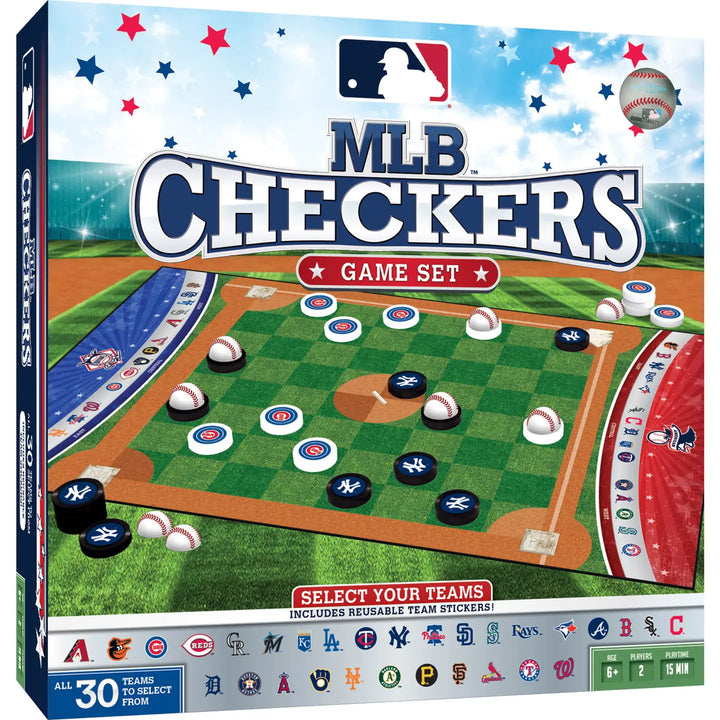 MLB Checkers game set packaging with team logos and checkered field design.