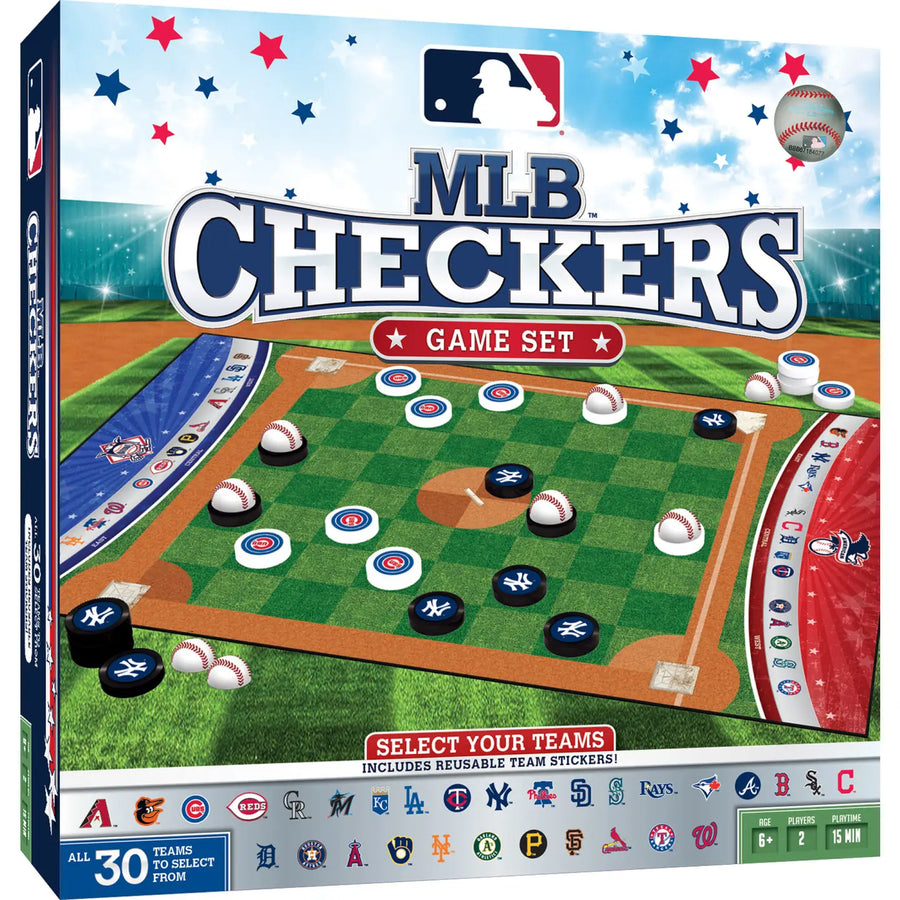 MLB Checkers game set packaging with team logos and checkered field design.