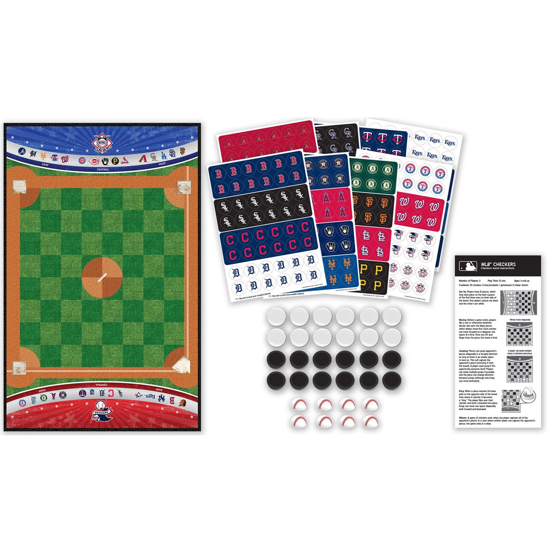 Baseball-themed game set with field layout, markers, and rules sheet on a white background