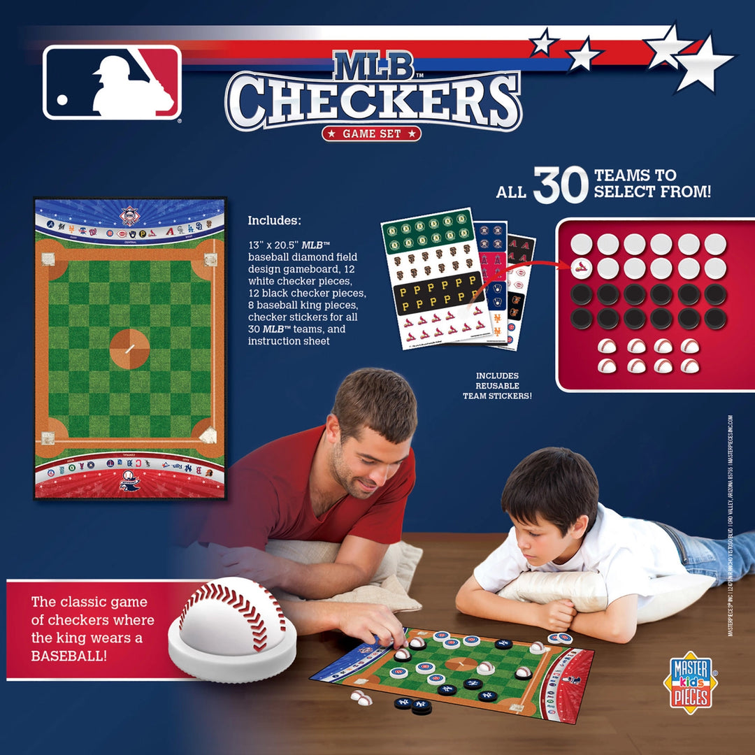 MLB Checkers game set packaging with a man and child playing on a table.