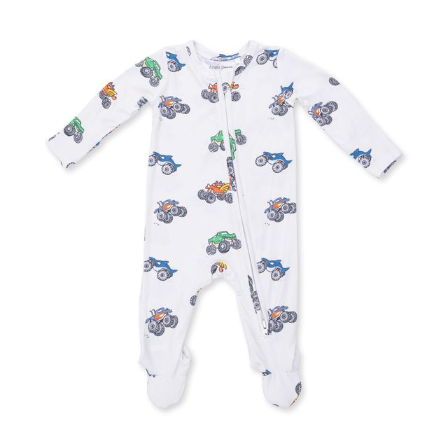 front of baby footie closed with a zipper, white with multicolor monster truck print all over. 