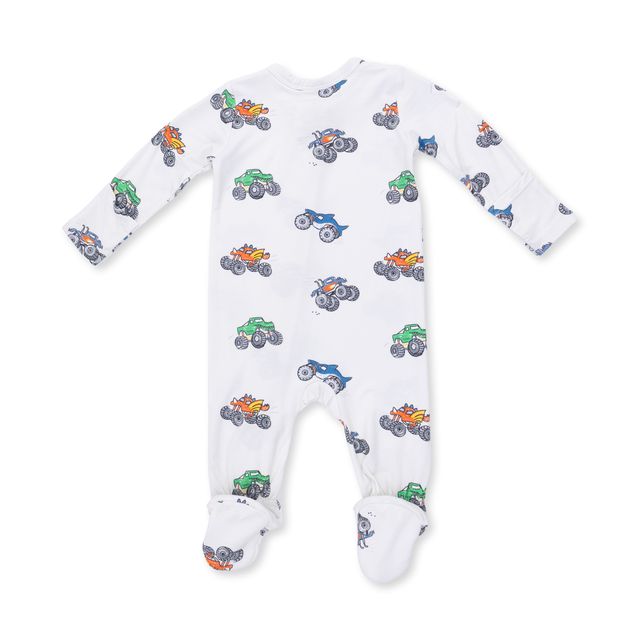 back of baby footie with white background with multicolor monster trucks all over it. 