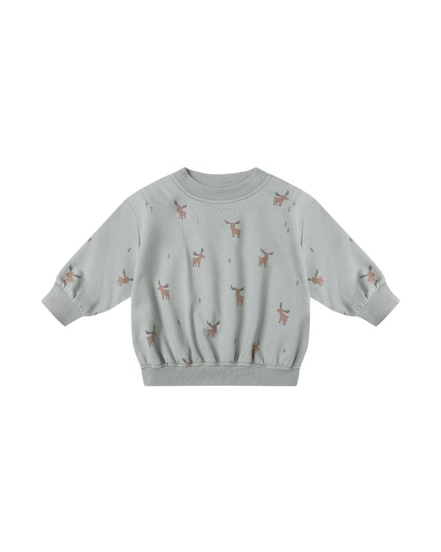 Light gray sweatshirt with moose pattern on a white background