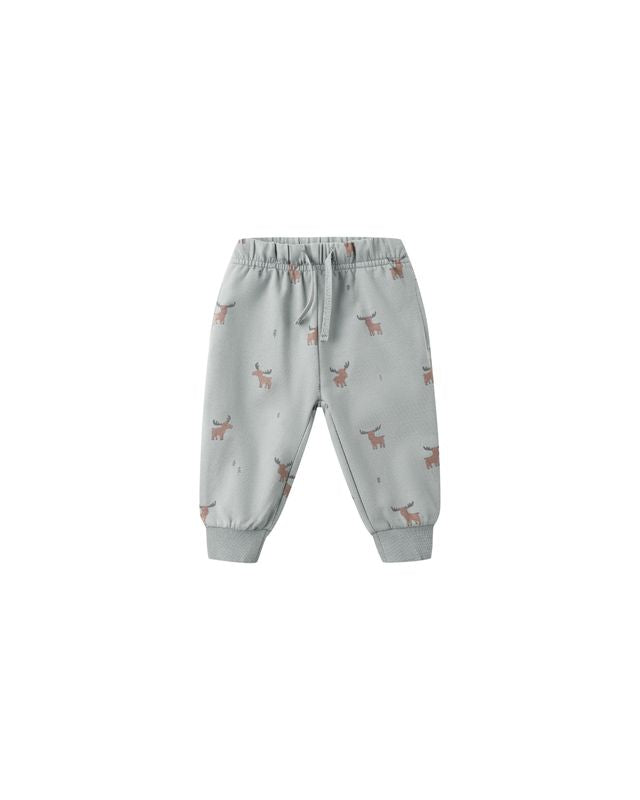 Light blue/gray children's jogger pants with moose pattern on a white background