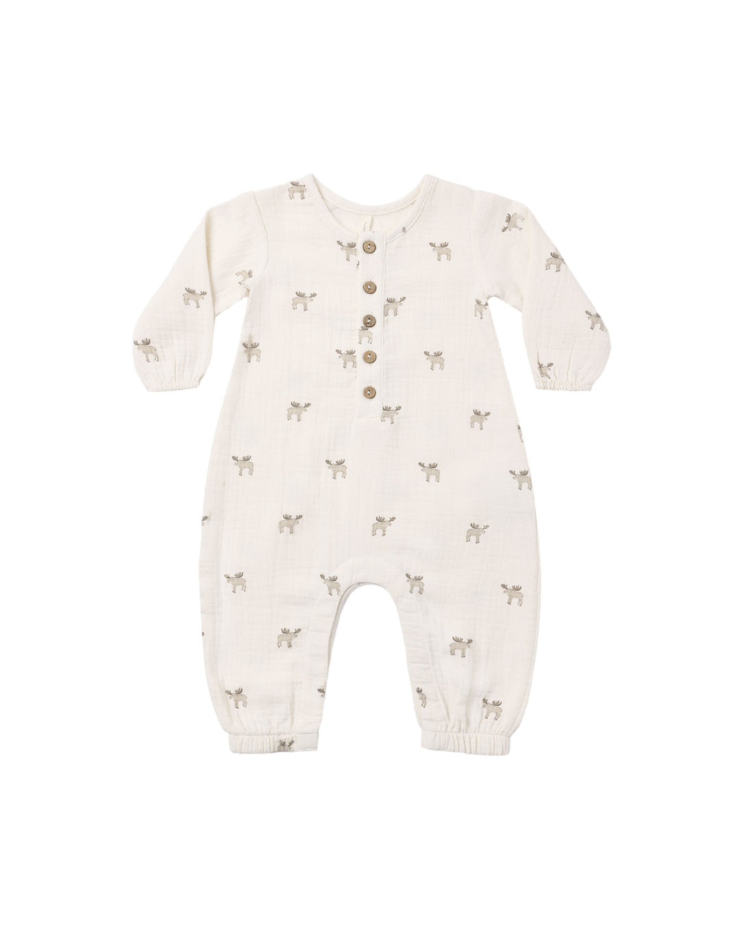 An off-white long-sleeve baby romper with a small brown animal print and a button-up front, shown on a plain white background.
