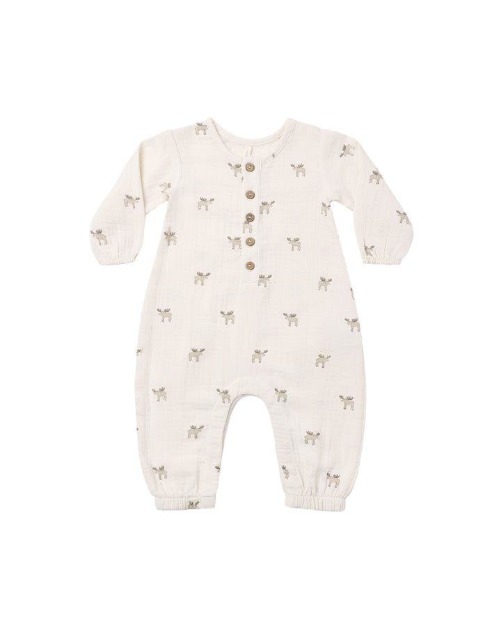 An off-white long-sleeve baby romper with a small brown animal print and a button-up front, shown on a plain white background.