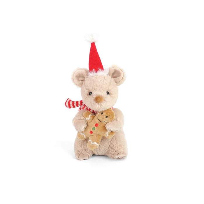 Plush mouse wearing a Santa hat holding a gingerbread man on a white background
