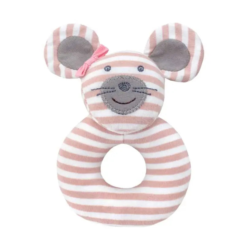 Striped mouse-shaped rattle with a bow on a white background