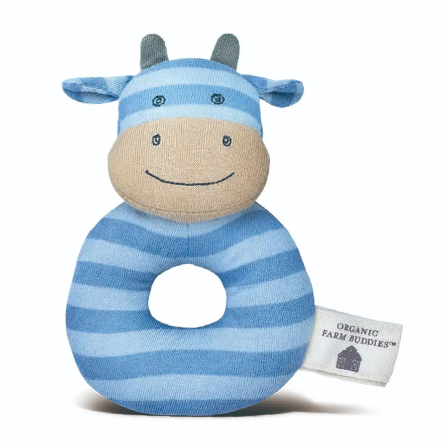 Blue and gray striped toy cow with a visible brand tag on a white background