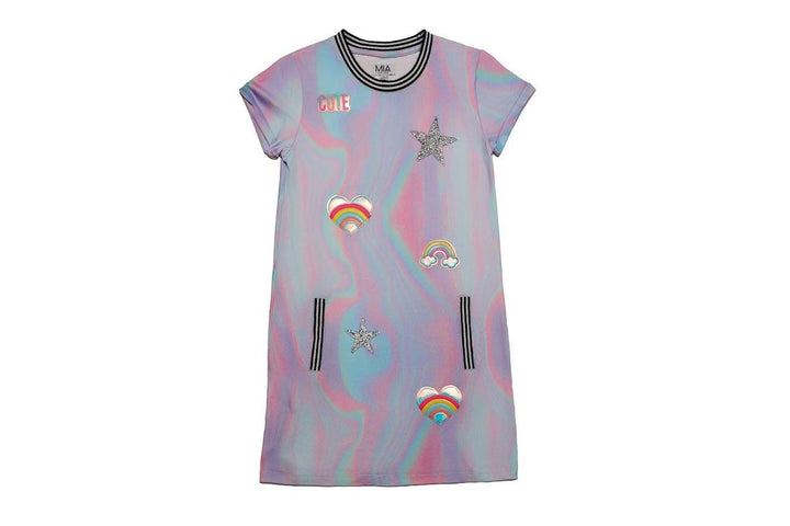 short sleeve girls dress with swirls of color running through the fabric. collar and faux pockets trimmed with black and white stripes. 