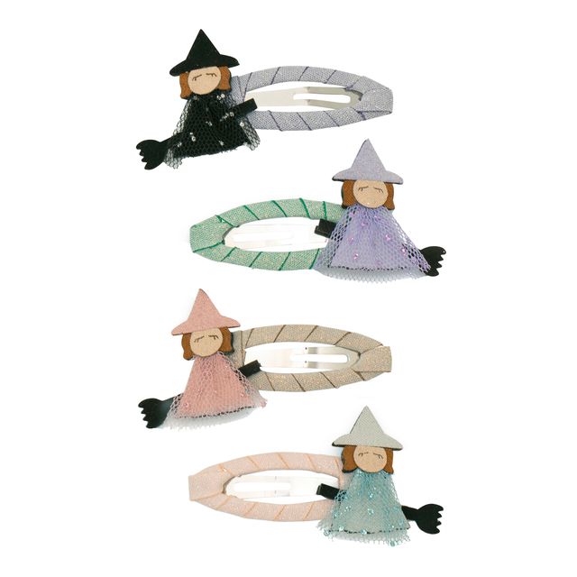 Set of four witch figurines with different colored hats on a white background