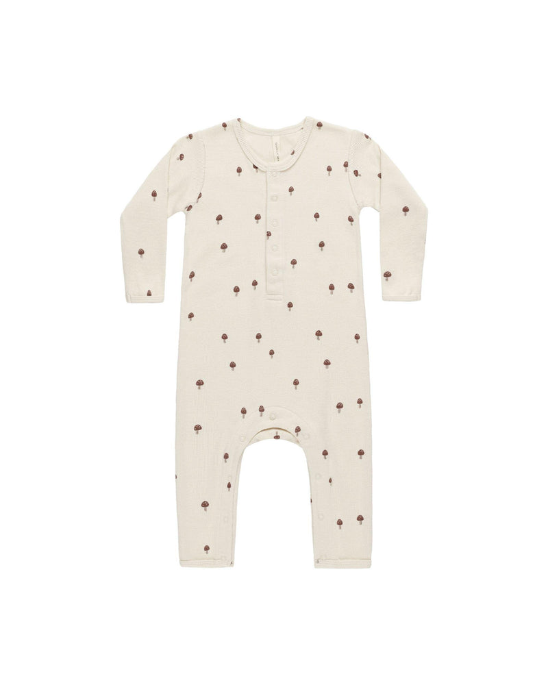 baby jumpsuit, long sleeve ribbed cotton in natural beige color with burgundy mushrooms all over. 