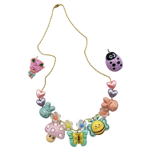 Colorful children's necklace with various charms on a white background