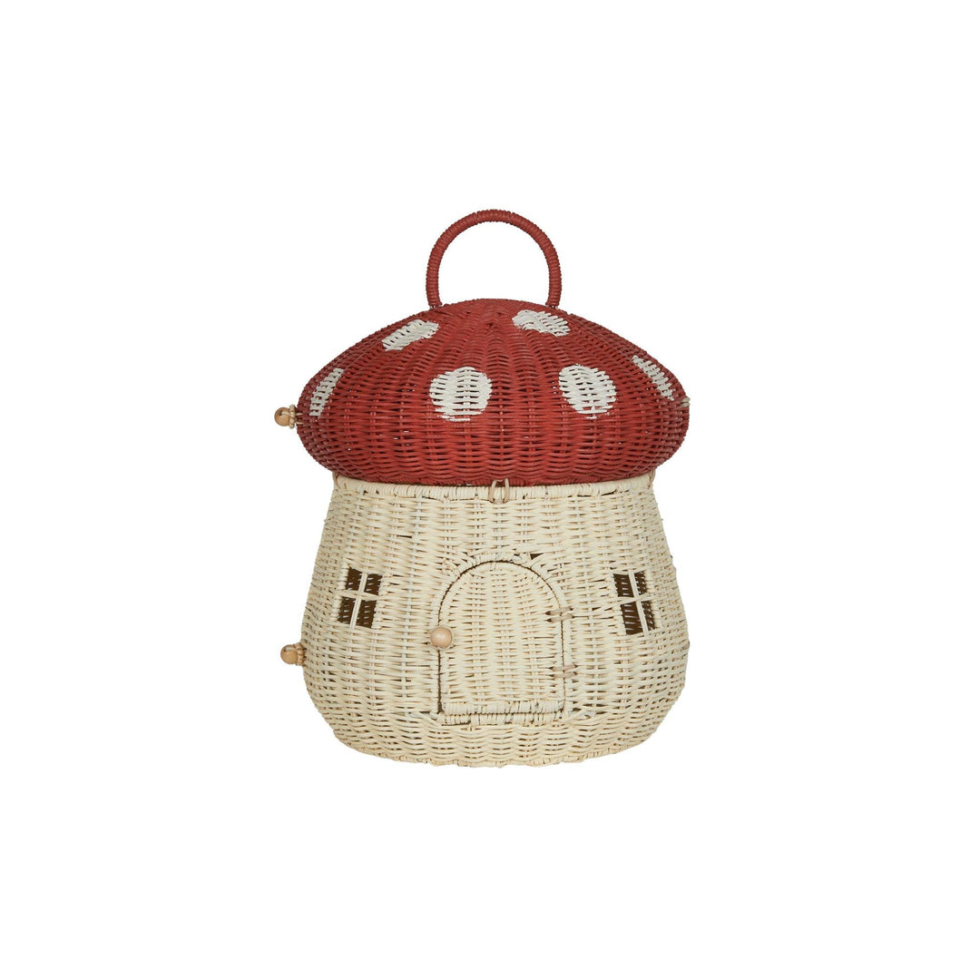 small dollhouse in the shape of a mushroom with a red mushroom topper and handle. the basket opens up