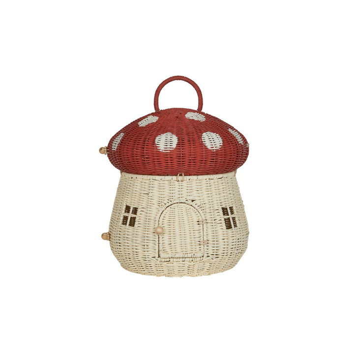 small dollhouse in the shape of a mushroom with a red mushroom topper and handle. the basket opens up