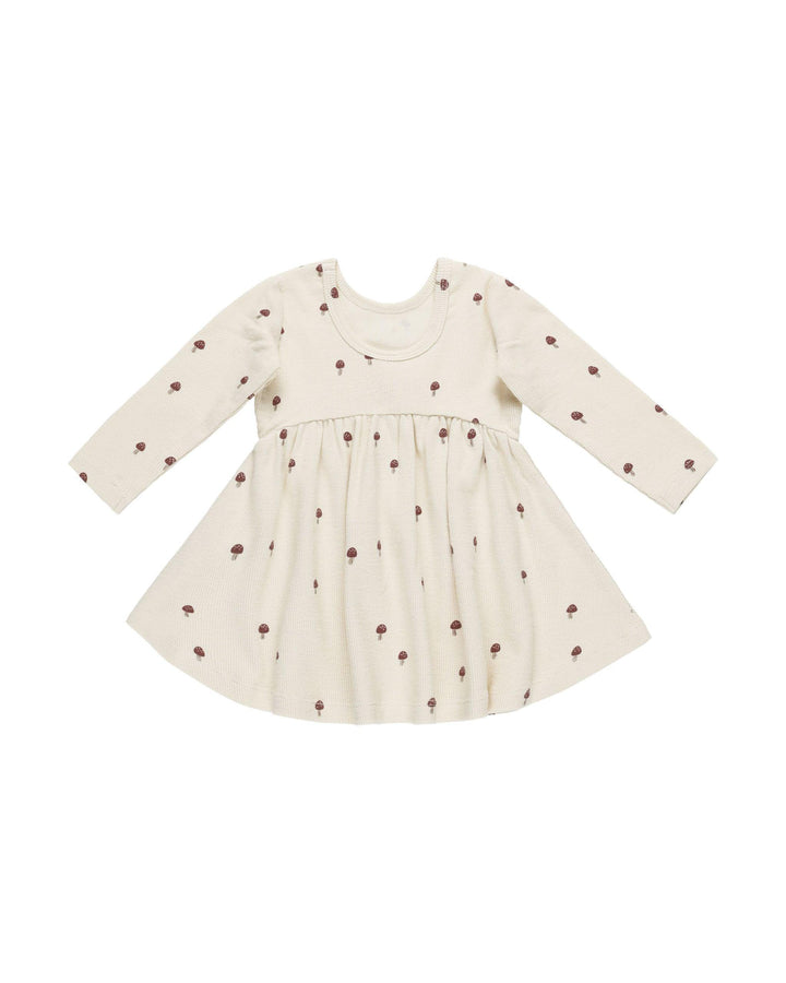 back of the dress. scoop neck in the back, ballet style. Ribbed long sleeve cotton. with tiny mushrooms all over it. 