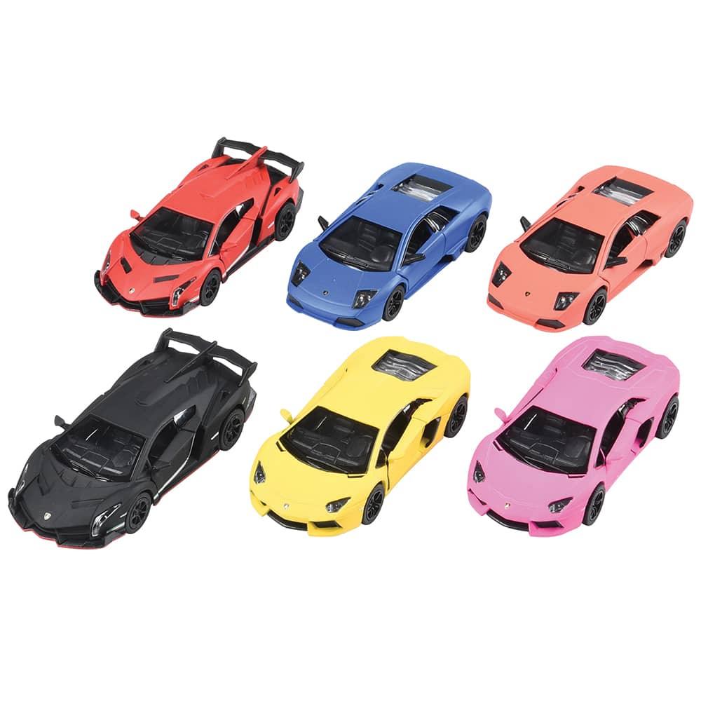 toy cars in the style of a matte lamborghini all different colors: red, orange, blue, yellow, pink and blue.